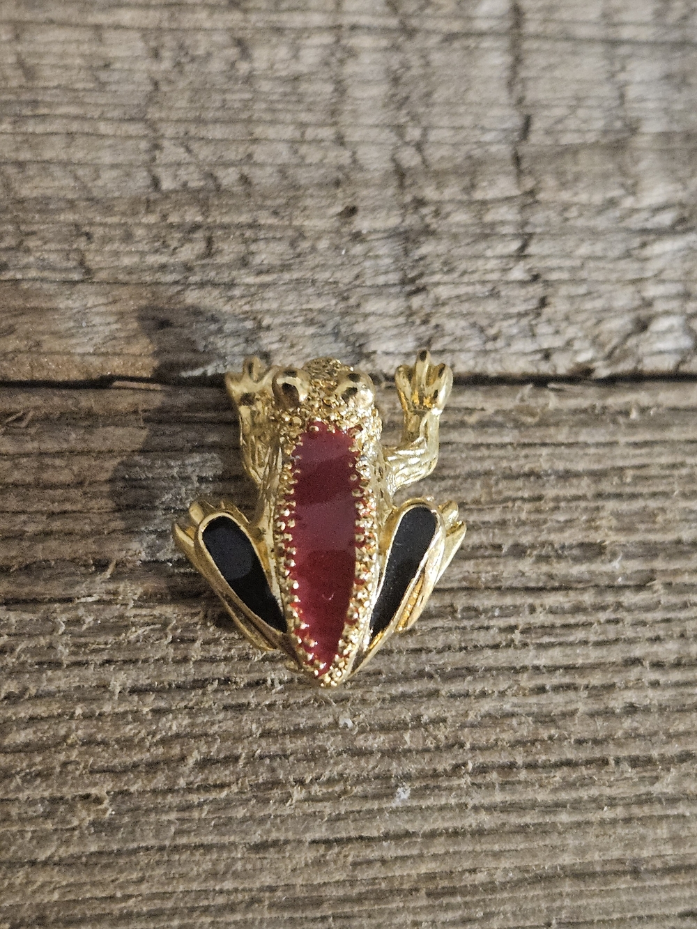 Avon Gold-Tone Frog Brooch with Red Stone and Black Enamel